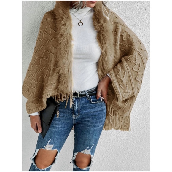 Cozy khaki Vegan Fur Tassel Hem Open Front Cardigan - Picture 7 of 13